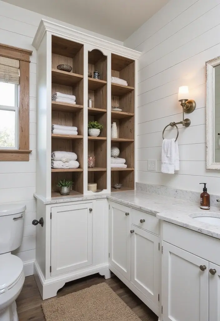 30 Small Farmhouse Bathroom Ideas to Maximize Comfort 14 30 Small Farmhouse Bathroom Ideas to Maximize Comfort - 14. Custom Built-Ins