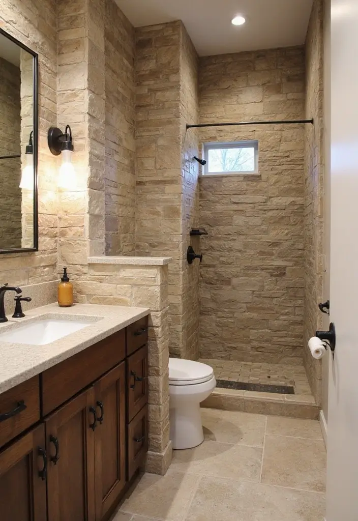 30 Small Farmhouse Bathroom Ideas to Maximize Comfort 19 30 Small Farmhouse Bathroom Ideas to Maximize Comfort - 19. Natural Stone Accents