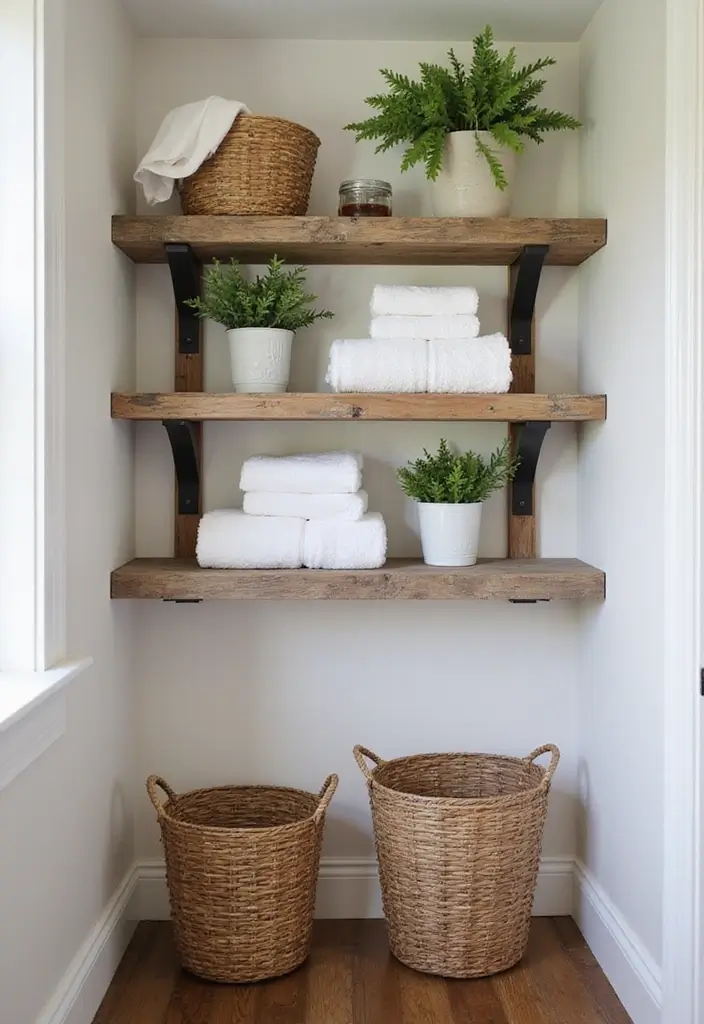 30 Small Farmhouse Bathroom Ideas to Maximize Comfort 2 30 Small Farmhouse Bathroom Ideas to Maximize Comfort - 2. Rustic Open Shelving