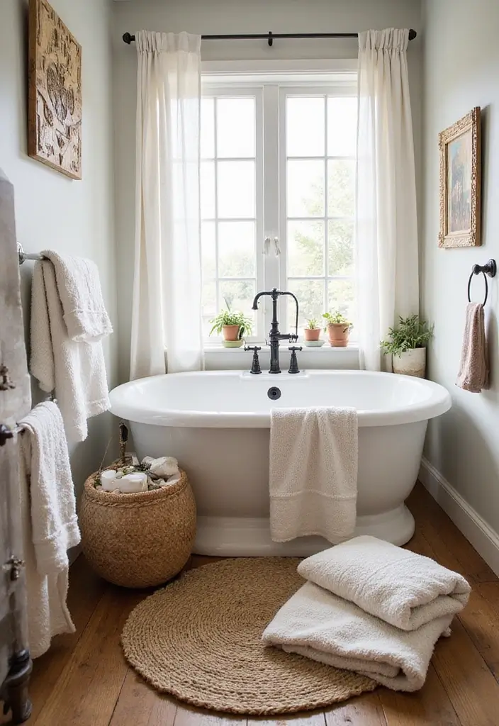 30 Small Farmhouse Bathroom Ideas to Maximize Comfort 4 30 Small Farmhouse Bathroom Ideas to Maximize Comfort - 4. Cozy Textiles and Fabrics