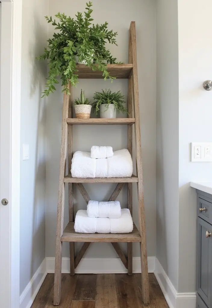 30 Small Farmhouse Bathroom Ideas to Maximize Comfort 7 30 Small Farmhouse Bathroom Ideas to Maximize Comfort - 7. Space-Saving Ladder Shelves