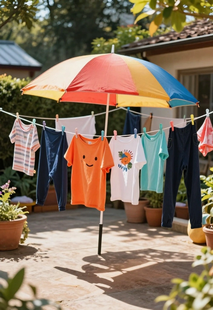 10 Backyard Clothesline Ideas for Simple Outdoor Utility - 10. Umbrella Clothesline