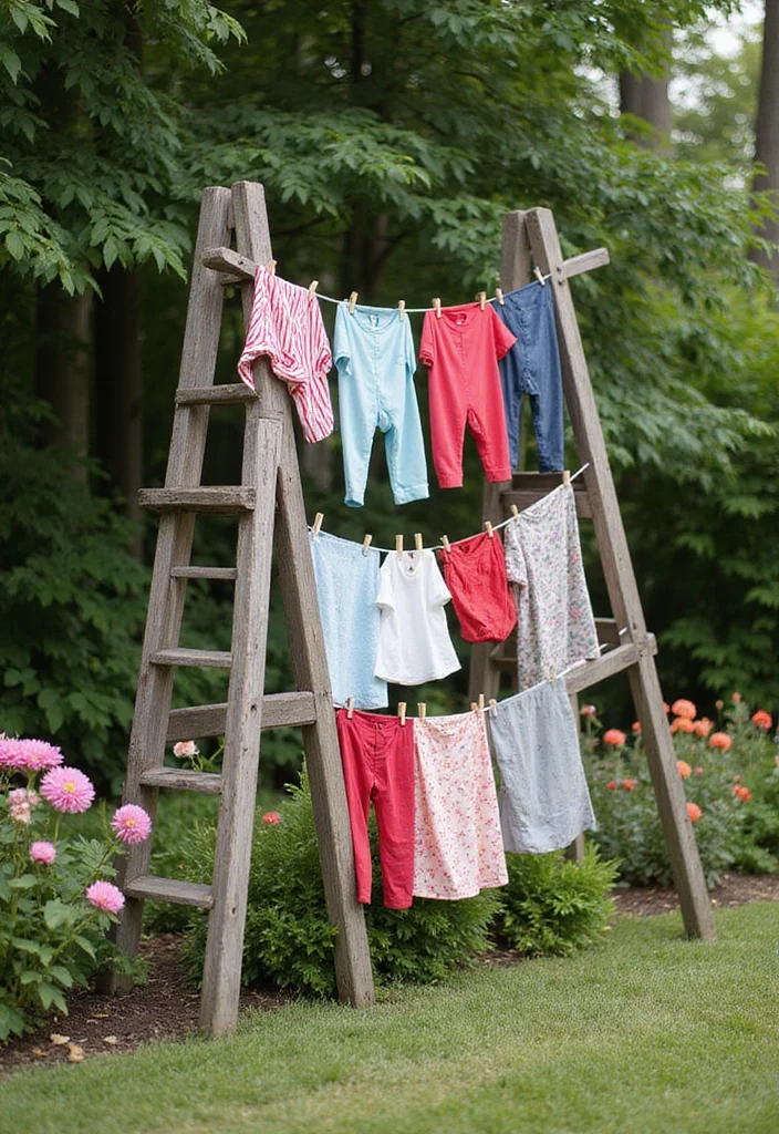 10 Backyard Clothesline Ideas for Simple Outdoor Utility - 5. Decorative Ladder Clothesline