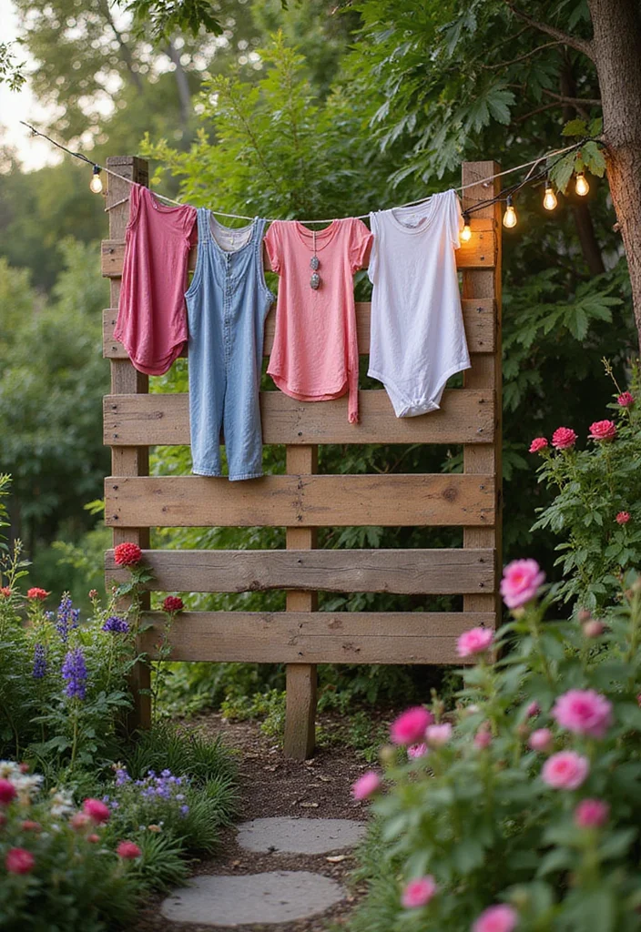 10 Backyard Clothesline Ideas for Simple Outdoor Utility - 7. Upcycled Pallet Clothesline