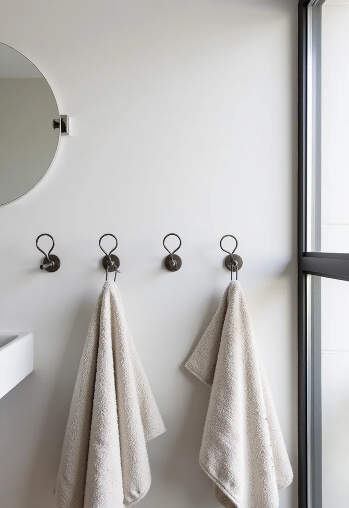 10 Bathroom Hand Towel Holder Ideas for Practical Placement - 2. Minimalist Metal Hooks
