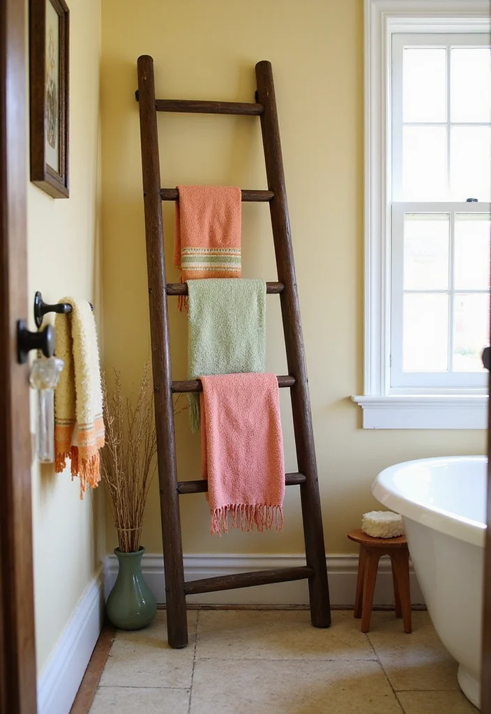 10 Bathroom Hand Towel Holder Ideas for Practical Placement - 3. Vintage Ladder Towel Holder