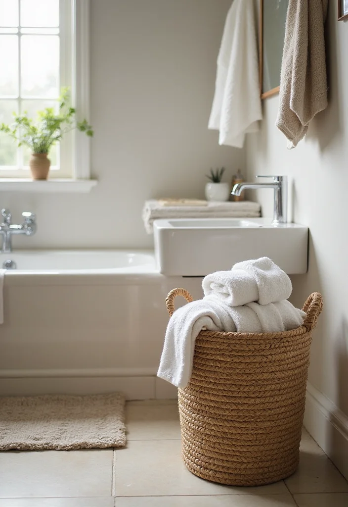 10 Bathroom Hand Towel Holder Ideas for Practical Placement - 9. Towel Basket or Bin