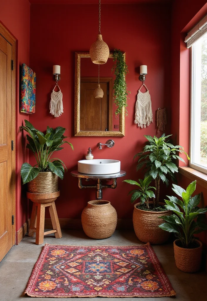 10 Red Bathroom Ideas with Bold Dramatic Impact - 10. Bohemian Red Oasis: Eclectic Mix