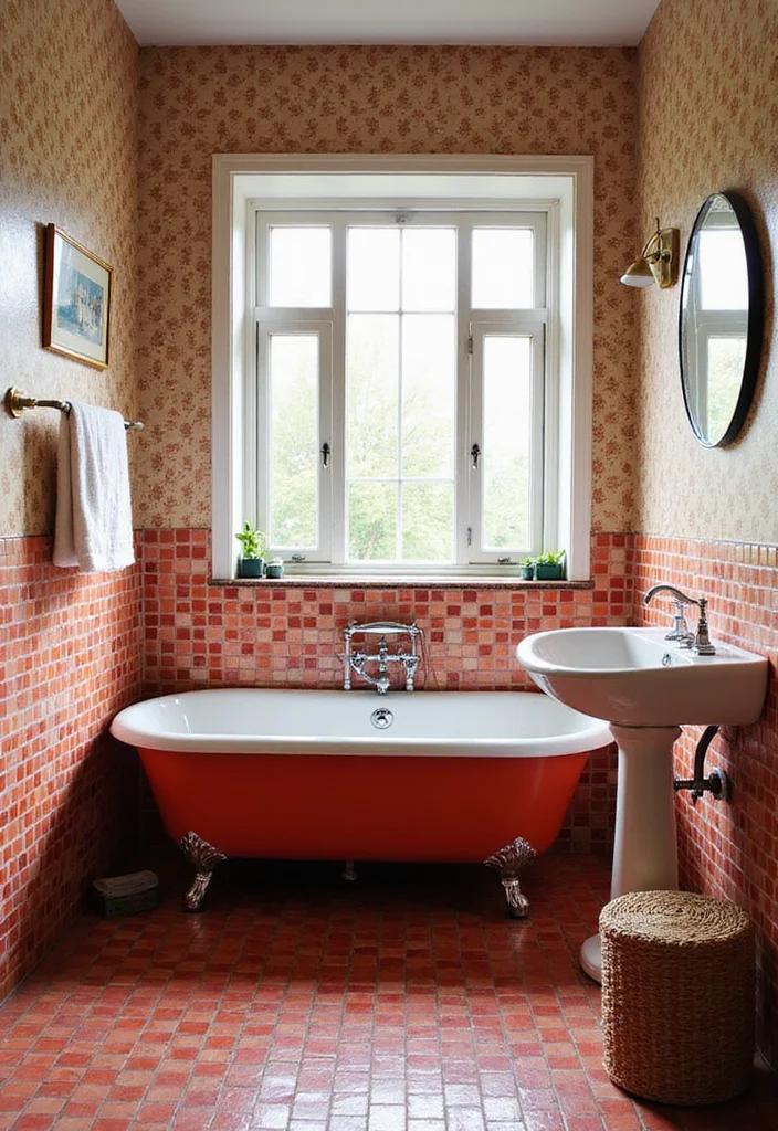 10 Red Bathroom Ideas with Bold Dramatic Impact - 5. Vintage Red Charm: Retro Revival