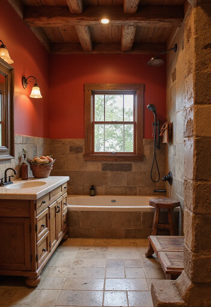 10 Red Bathroom Ideas with Bold Dramatic Impact - 6. Rustic Red Retreat: Nature's Touch