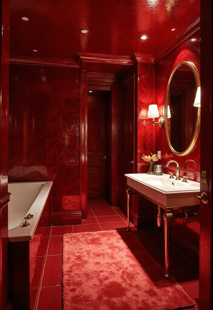 10 Red Bathroom Ideas with Bold Dramatic Impact - 7. Glam Red: Shine and Sparkle
