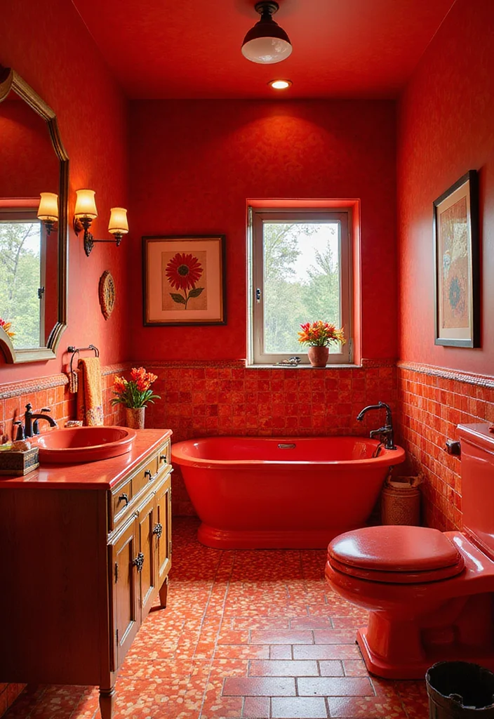 10 Red Bathroom Ideas with Bold Dramatic Impact - 8. Artsy Red Vibes: Creative Expression