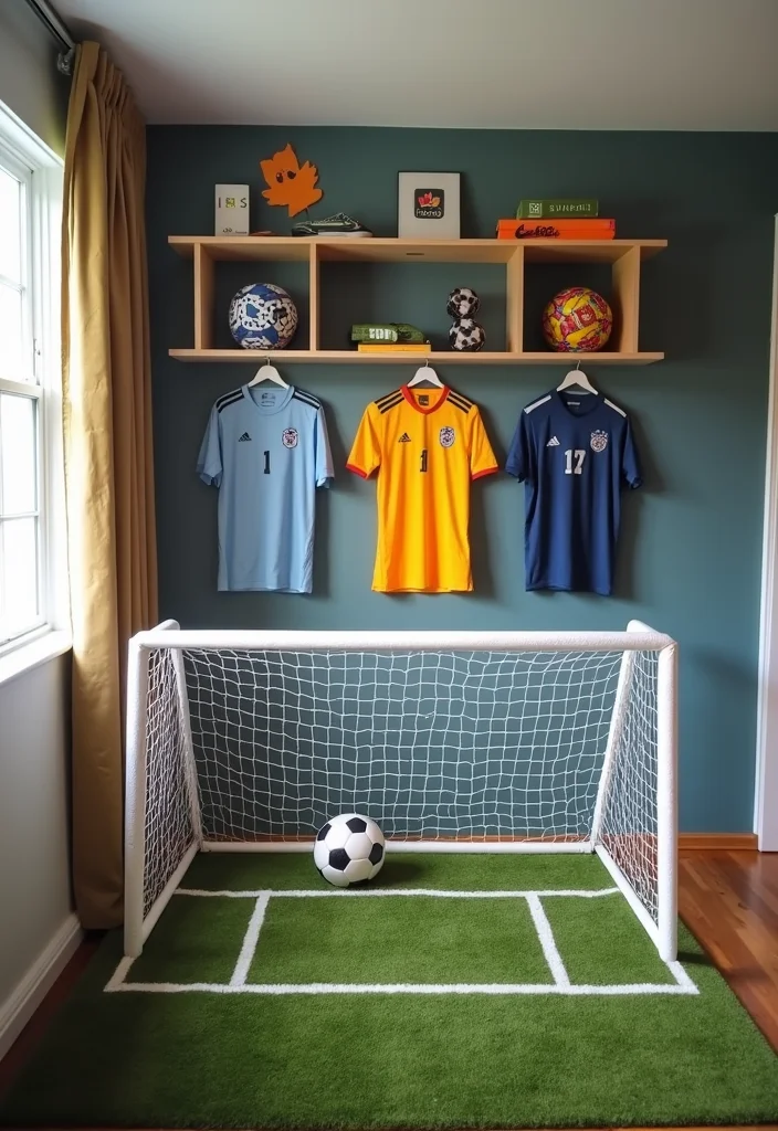 10 Soccer Bedroom Ideas for Sporty Youthful Designs - 8. Mini Soccer Goals and Equipment Displays