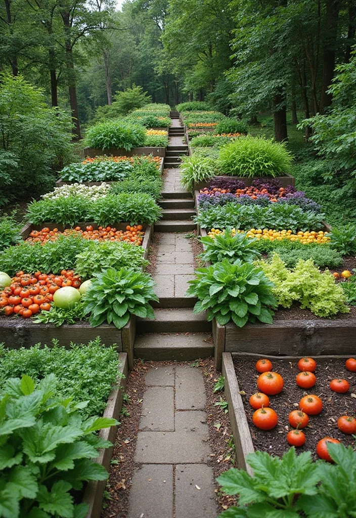 10 Steep Slope Backyard Ideas for Functional Terraced Design - 1. Tiered Vegetable Garden