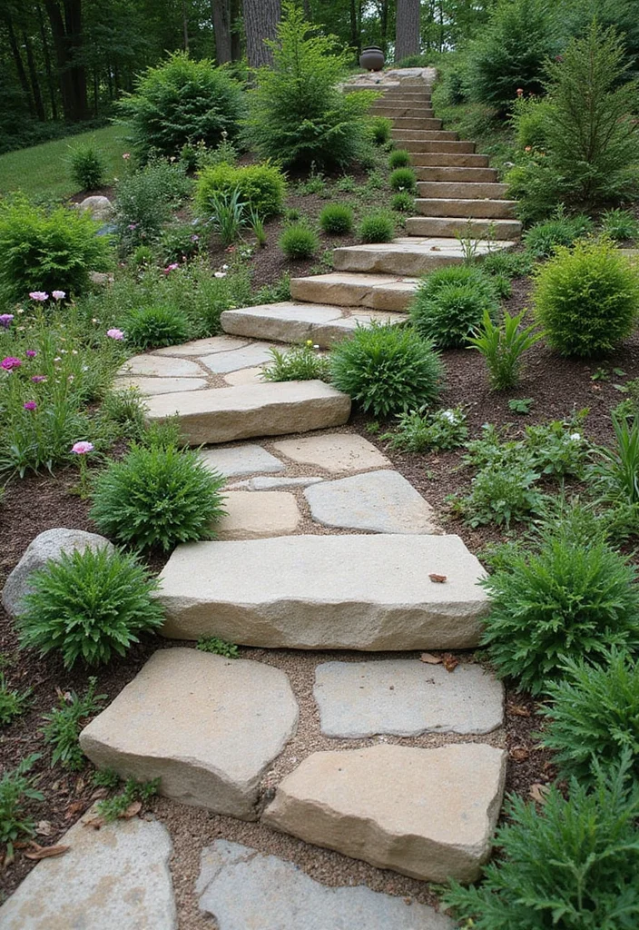 10 Steep Slope Backyard Ideas for Functional Terraced Design - 3. Stone Pathways