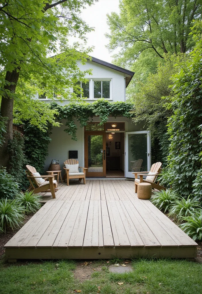 12 Backyard Low Deck Ideas for Easy Ground Level Living - 5. Minimalist Deck with Lush Surroundings