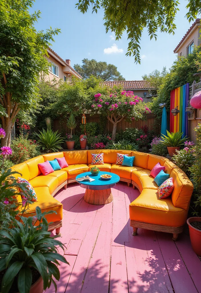 12 Backyard Multi Level Deck Ideas for Dynamic Outdoor Zones - 10. Colorful Garden Lounge