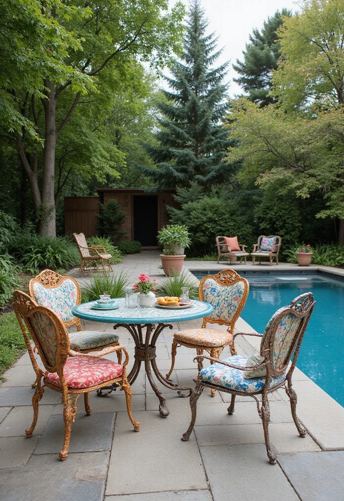 12 Backyard Pool Furniture Ideas for Comfortable Relaxed Lounging - 10. Vintage Metal Furniture