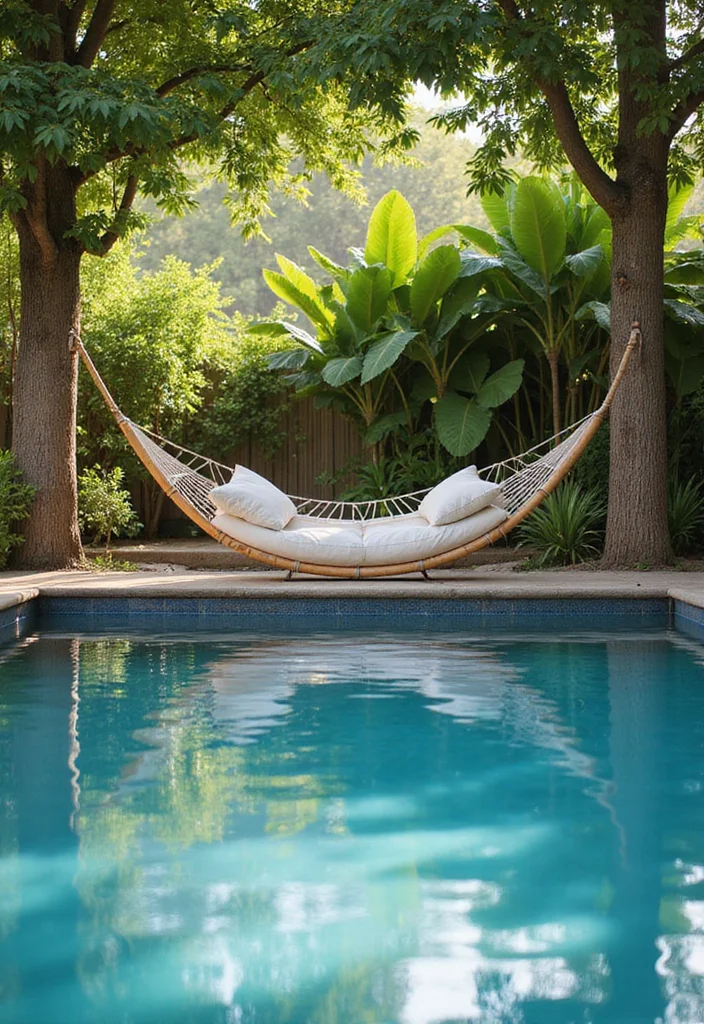 12 Backyard Pool Furniture Ideas for Comfortable Relaxed Lounging - 2. Bamboo Poolside Hammocks