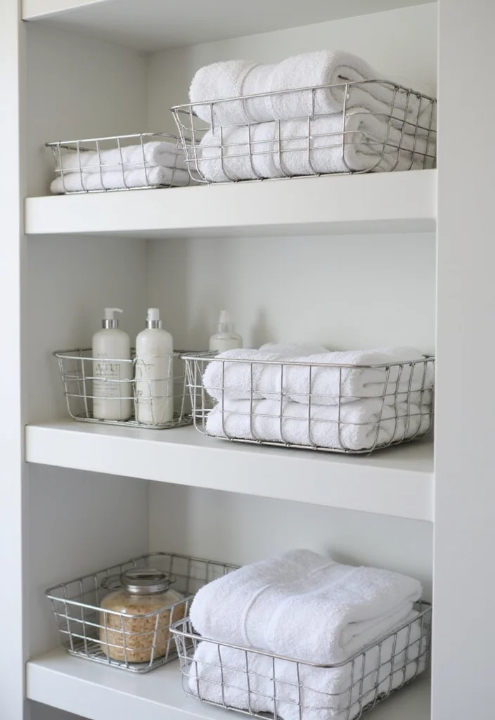 12 Bathroom Basket Ideas for Stylish Easy Storage - 11. Minimalist Metal Baskets