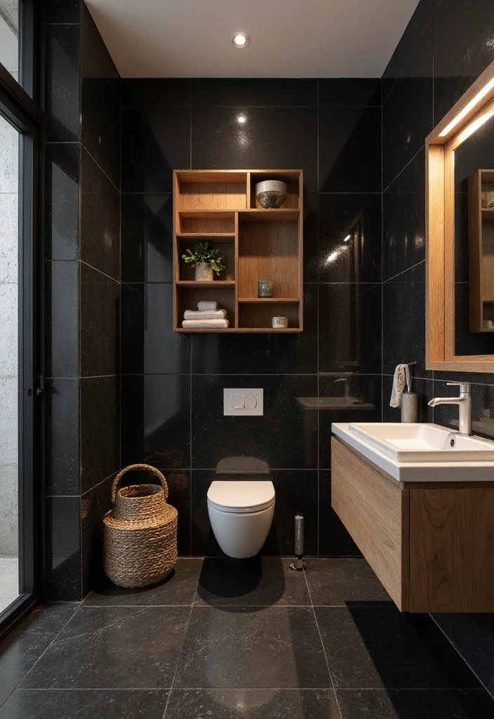 12 Black and Wood Bathroom Ideas for Warm Modern Balance 12 12 Black and Wood Bathroom Ideas for Warm Modern Balance - 2. Black Tiles with Wooden Accents