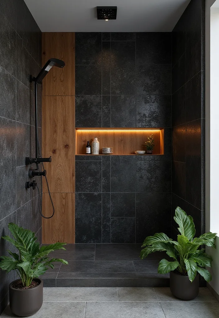 12 Black and Wood Bathroom Ideas for Warm Modern Balance 34 12 Black and Wood Bathroom Ideas for Warm Modern Balance - 4. Black and Wood Shower Niche