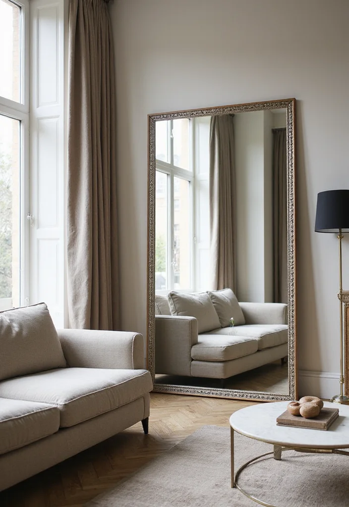 12 Bright Living Room Ideas for Airy Light Filled Spaces - 2. Large Mirrors for Depth