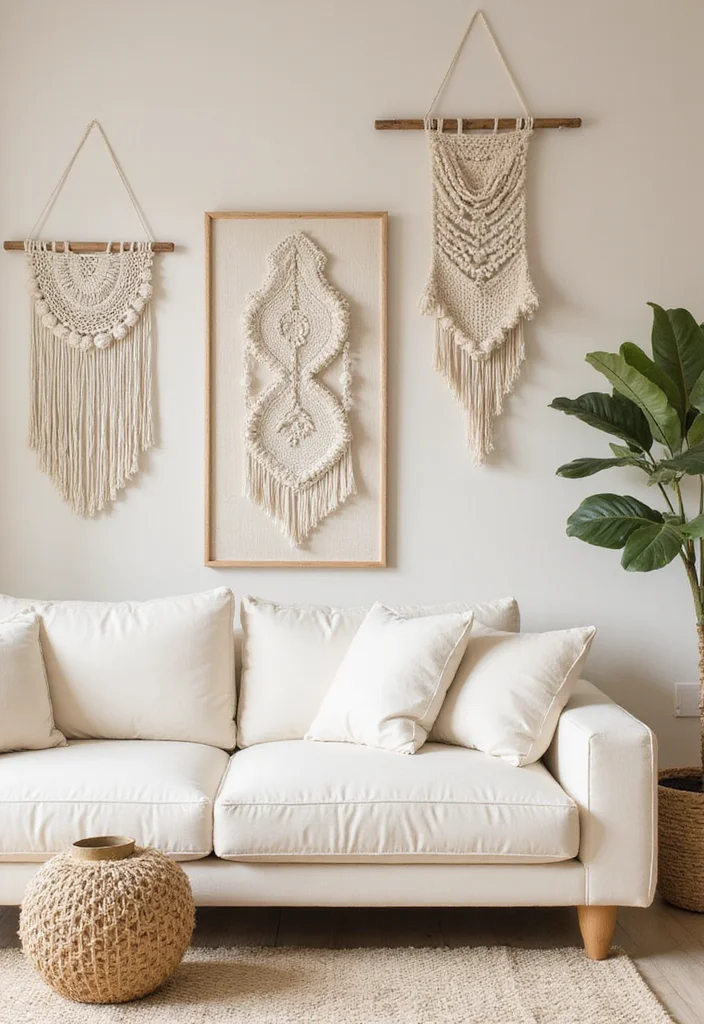 12 Cream Living Room Ideas for Soft Warm Neutrals - 11. Incorporating Textured Wall Art