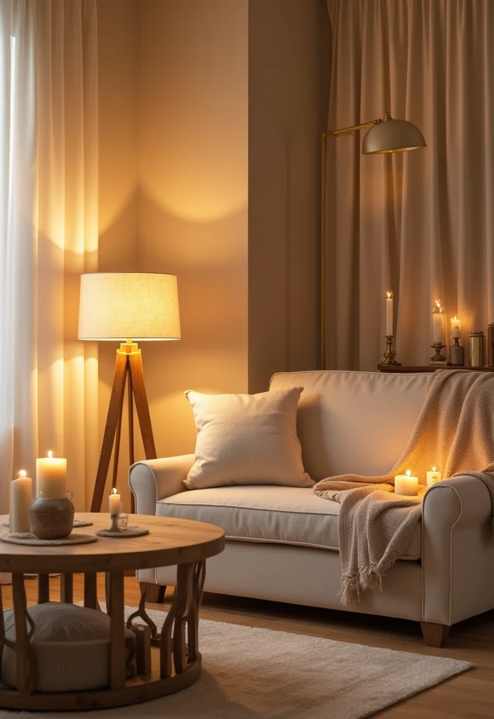 12 Cream Living Room Ideas for Soft Warm Neutrals - 7. Layered Lighting