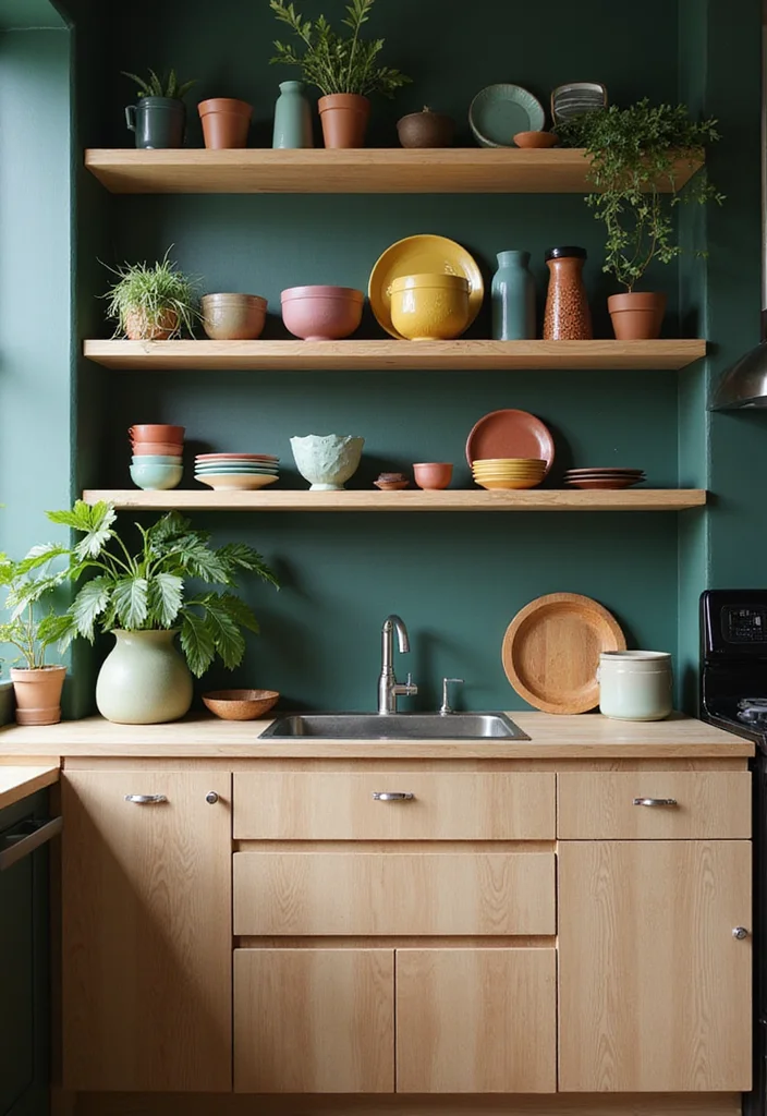 12 Dark Green Kitchen Ideas for Rich Modern Character - 10. Open Shelving: Displaying Style