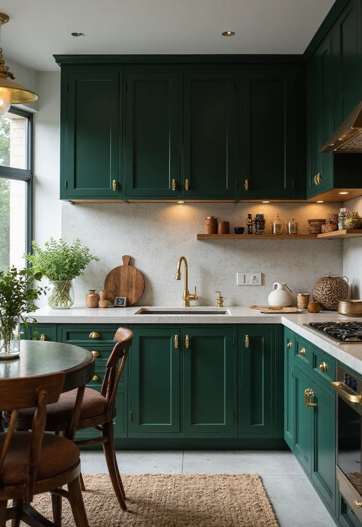 12 Dark Green Kitchen Ideas for Rich Modern Character - 4. Dark Green & Gold: A Luxurious Match
