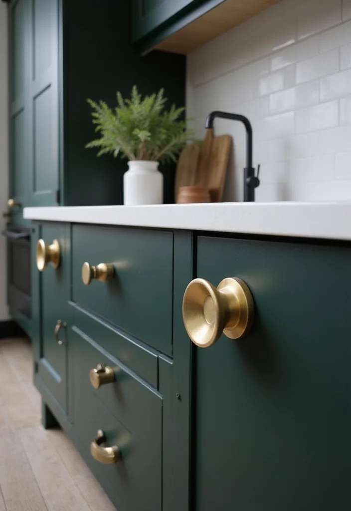 12 Dark Green Kitchen Ideas for Rich Modern Character - 8. Unique Hardware: Bold Choices