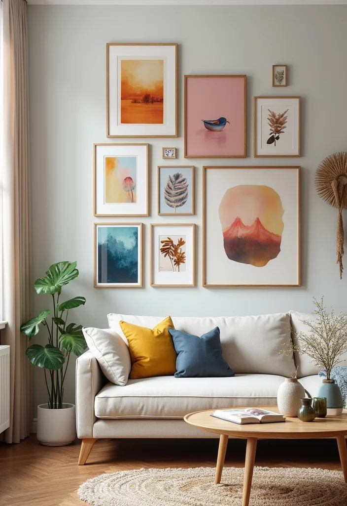 12 Girly Living Room Ideas for Fresh Playful Style - 6. Chic Gallery Wall