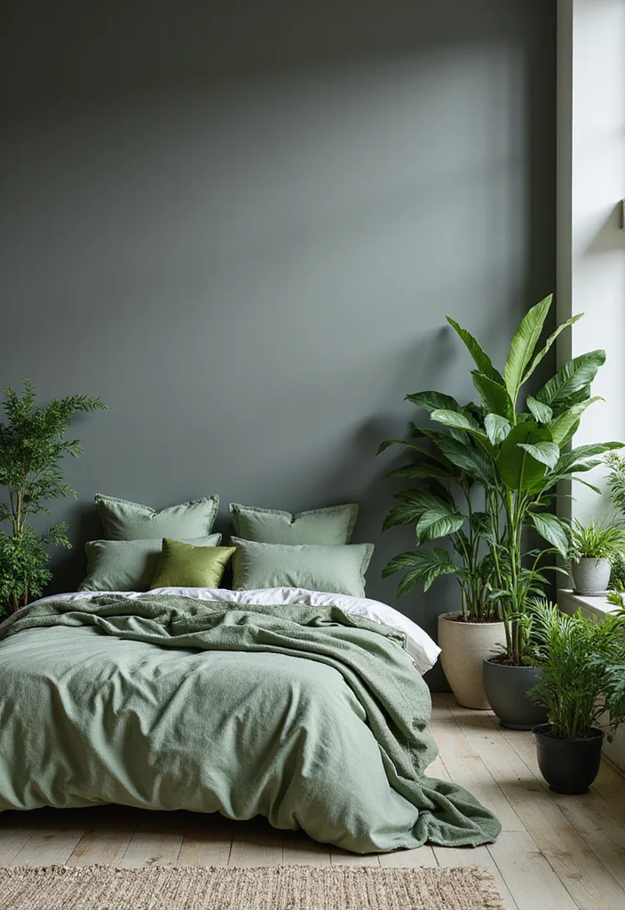 12 Grey Wall Bedroom Ideas for Soft Neutral Comfort - 10. Grey and Green for a Nature-Inspired Retreat