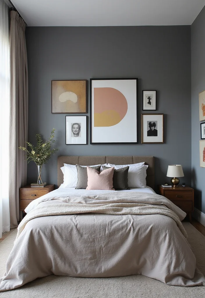 12 Grey Wall Bedroom Ideas for Soft Neutral Comfort - 11. Artwork as a Statement Piece