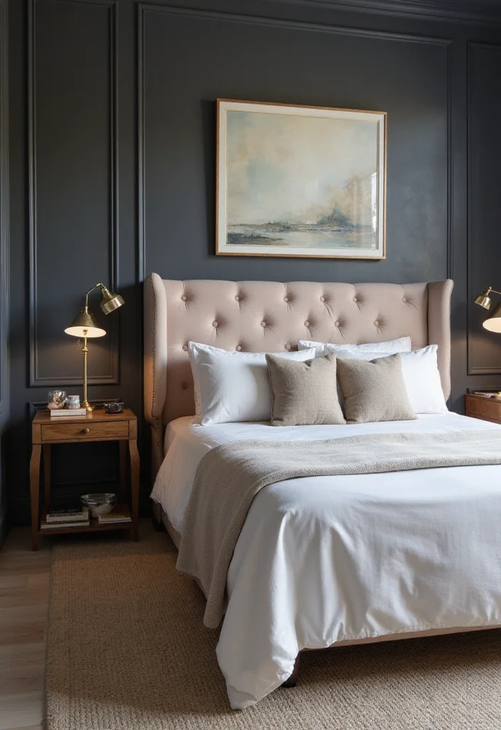 12 Grey Wall Bedroom Ideas for Soft Neutral Comfort - 2. Charcoal Elegance with Soft Accents