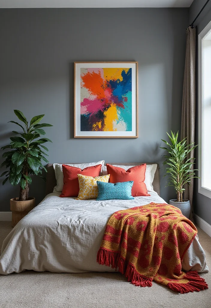 12 Grey Wall Bedroom Ideas for Soft Neutral Comfort - 6. Grey with Pops of Color
