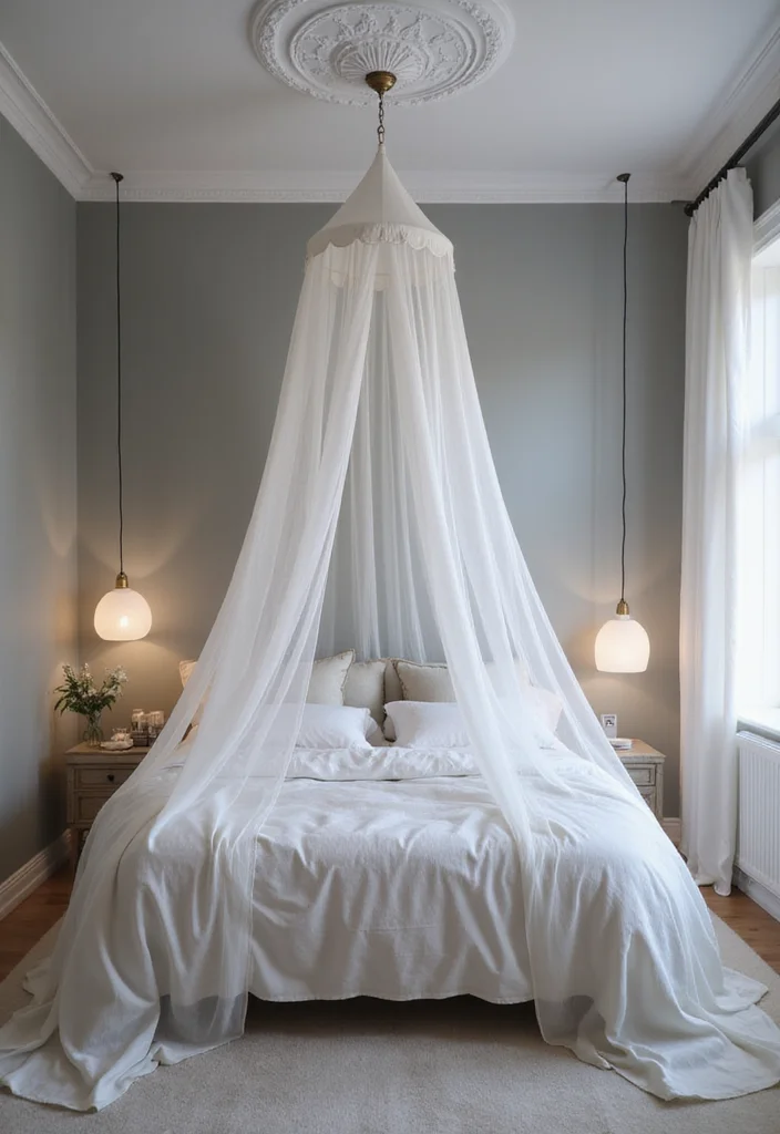 12 Grey Wall Bedroom Ideas for Soft Neutral Comfort - 7. Cozy Canopy Over Grey Walls