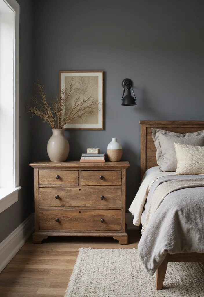 12 Grey Wall Bedroom Ideas for Soft Neutral Comfort - 8. Mixing Grey with Wood Tones