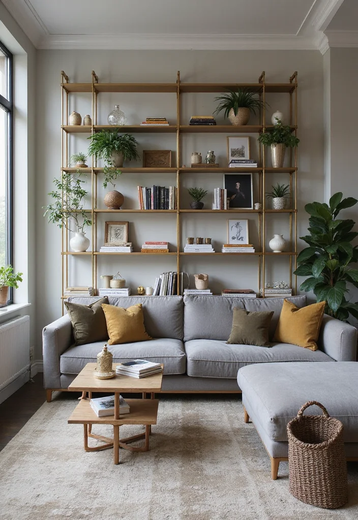 12 Grey and Gold Living Room Ideas for Chic Modern Glam - 10. Contemporary Shelving