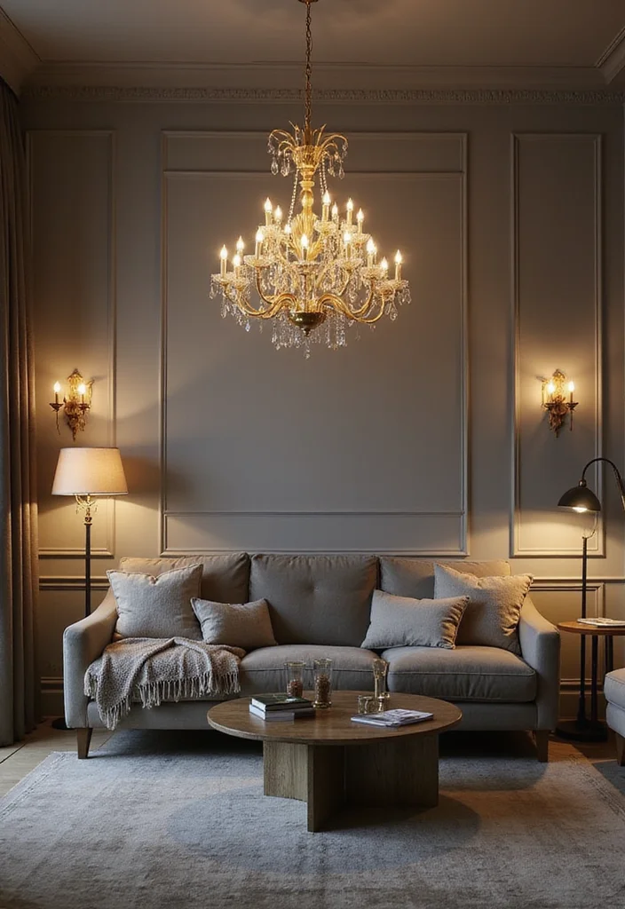 12 Grey and Gold Living Room Ideas for Chic Modern Glam - 2. Statement Lighting