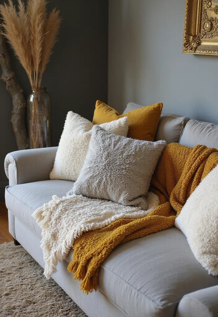 12 Grey and Gold Living Room Ideas for Chic Modern Glam - 6. Textured Fabrics and Throws
