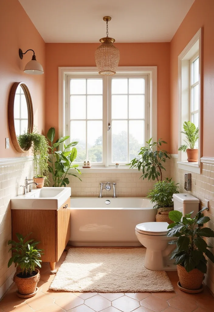 12 Peach Bathroom Ideas for Soft Warm Modern Charm 45 12 Peach Bathroom Ideas for Soft Warm Modern Charm - 5. Peach and Greenery Combination
