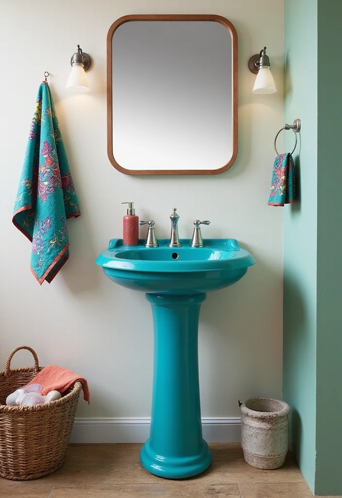 12 Pedestal Sink Bathroom Ideas for Clean Open Spaces - 5. Bold Colors for Impact