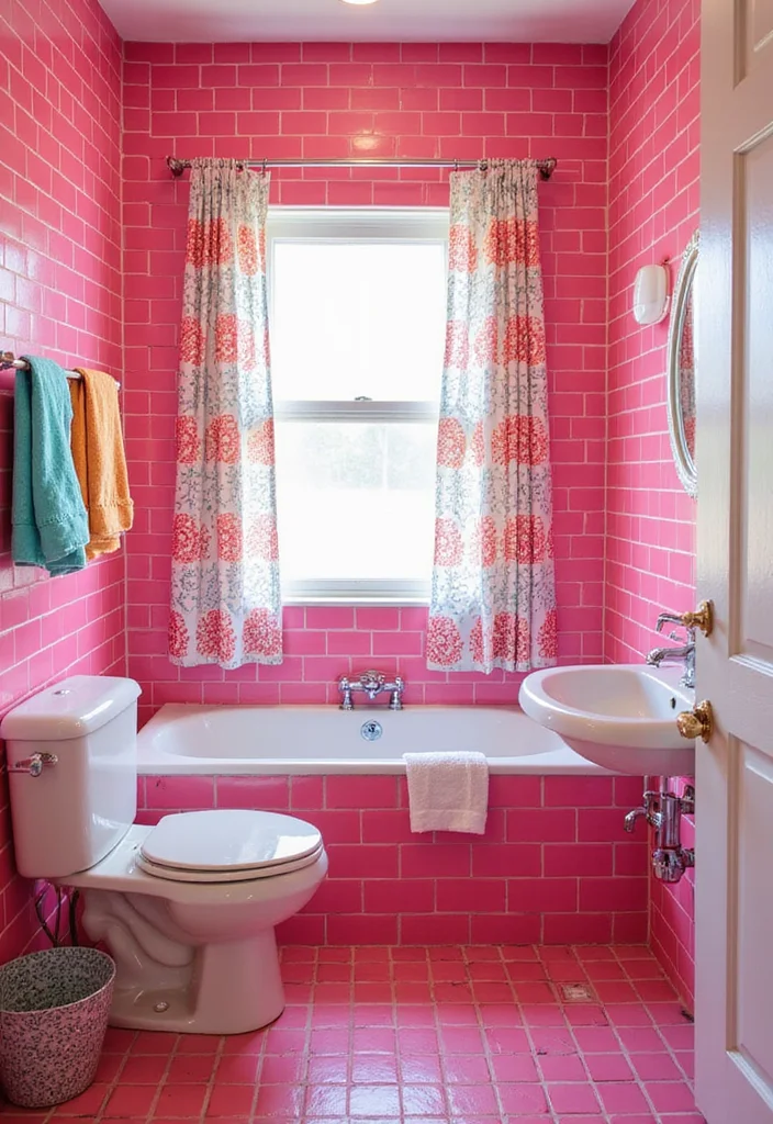 12 Pink Tile Bathroom Ideas for Playful Retro Style - 1. Bubblegum Bliss: Bright Pink Subway Tiles