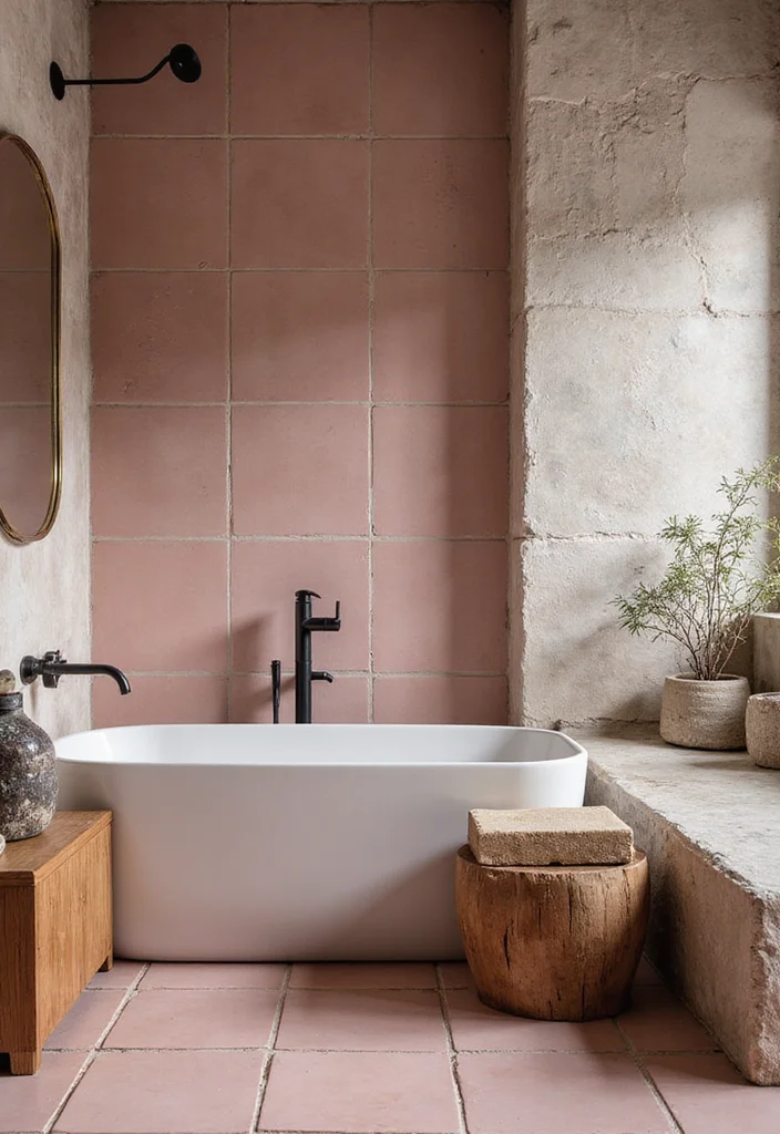 12 Pink Tile Bathroom Ideas for Playful Retro Style - 11. Layered Textures: Mixing Materials with Pink Tiles
