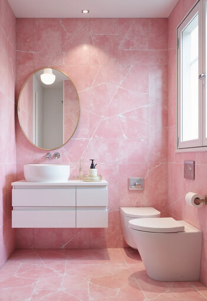 12 Pink Tile Bathroom Ideas for Playful Retro Style - 2. Playful Patterns: Geometric Pink Tiles