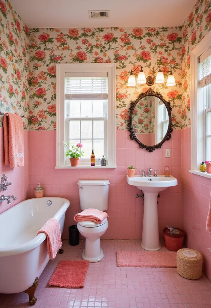12 Pink Tile Bathroom Ideas for Playful Retro Style - 4. Retro Floral Accents: Pink Tiles with Botanical Prints