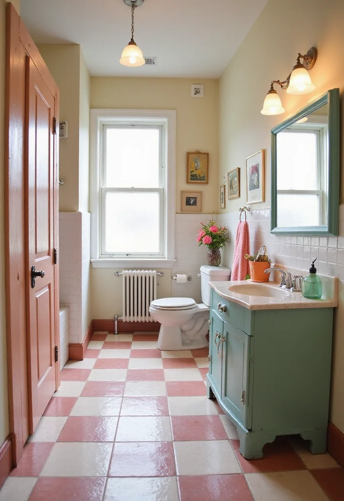 12 Pink Tile Bathroom Ideas for Playful Retro Style - 5. Retro Revival: Checkerboard Pink and White Tiles