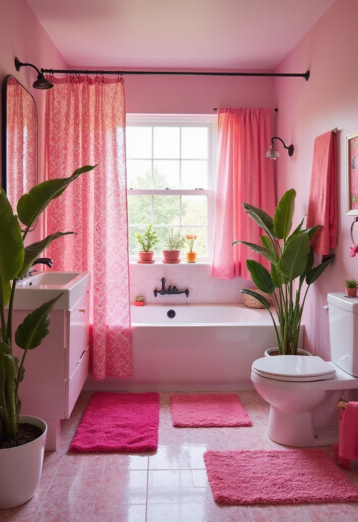 12 Pink Tile Bathroom Ideas for Playful Retro Style - 6. Fun with Accessories: Colorful Pink Bathroom Decor
